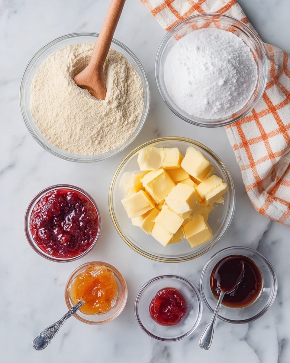 A clear glass bowl at the top center contains two layers of powdery ingredients, one light beige and one white, with a wooden spoon partially resting inside. Below it, a clear glass bowl filled with large yellow butter cubes sits left of center. To the right of the butter, a small clear bowl holds orange jam with a small silver spoon resting in it. Beside this bowl is another small clear bowl filled with thick red jam, and a silver spoon with a dollop of the red jam is placed next to it. Near the bottom center is a small clear bowl with a dark brown liquid. At the upper right corner is a folded white and orange checkered cloth, all items are arranged on a white marbled surface photo taken with an iphone --ar 4:5 --v 7