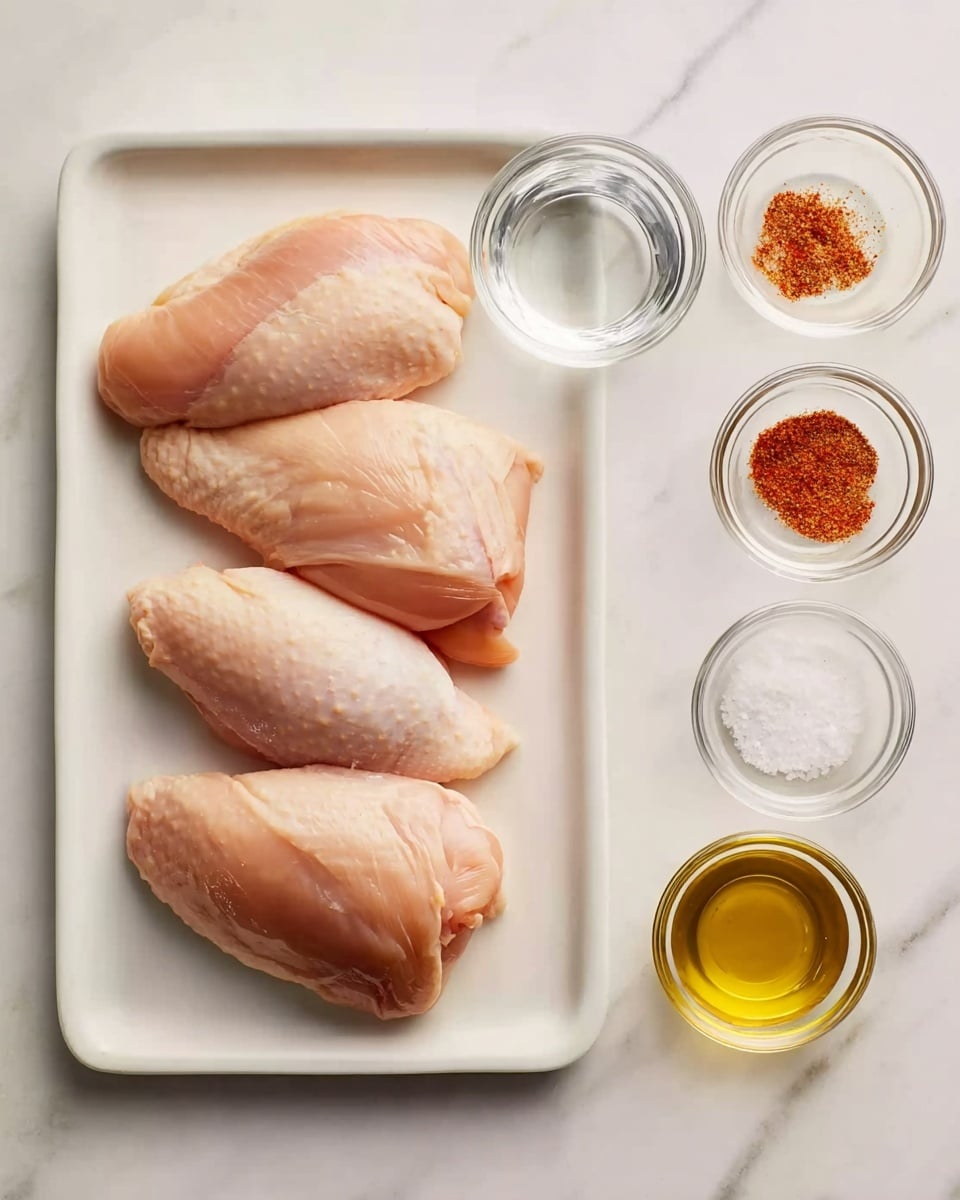 The image shows four raw chicken pieces placed side by side on a white rectangular tray. The chicken pieces are smooth and pale pink in color with slight natural shading. To the right of the tray, there are five small clear glass bowls arranged vertically on a white marbled surface. From top to bottom, these bowls contain clear water, a reddish-orange spice, coarse white salt, a small amount of golden yellow oil, and another empty bowl. The lighting is soft and natural, casting subtle shadows. photo taken with an iphone --ar 4:5 --v 7