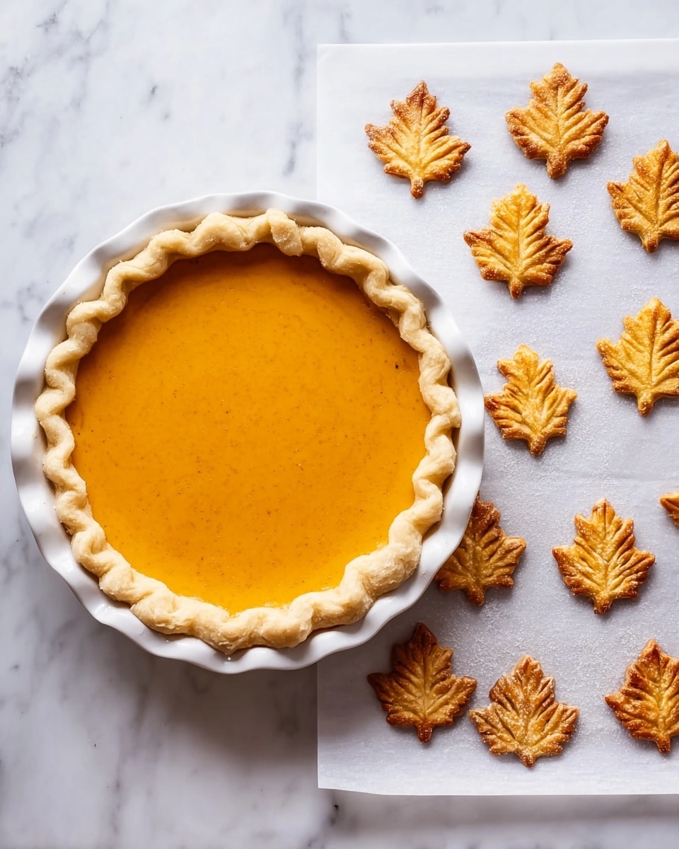The first image shows a white pie dish filled with smooth, orange pumpkin pie filling. The pie has a thick, crimped crust around the edge in a simple wave pattern that frames the bright filling. In the second image, there are nine small golden brown leaf-shaped pastries arranged on white baking paper with slight browning around the edges, showing a crisp texture and small folds mimicking real leaves. The background is a white marbled surface. photo taken with an iphone --ar 4:5 --v 7