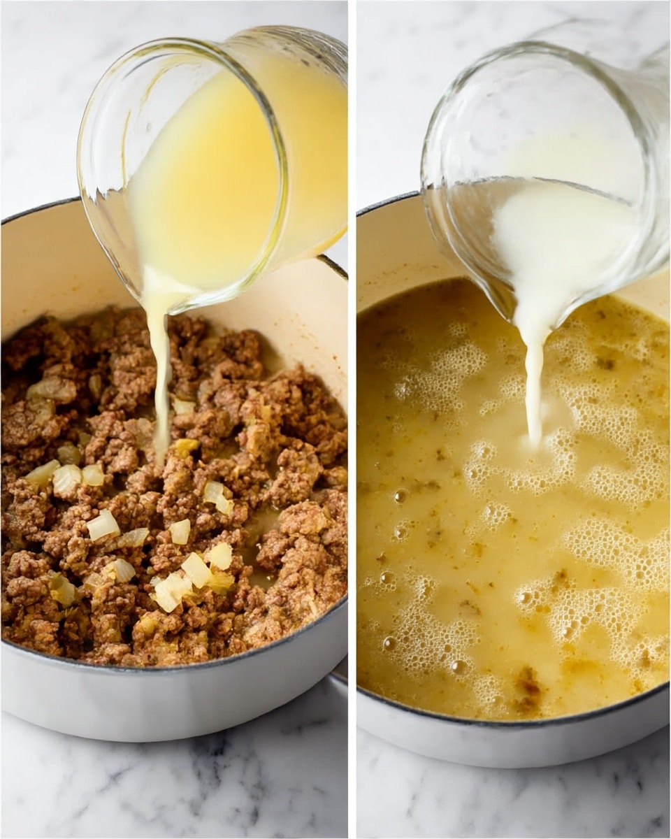 The image is split into two parts showing a white pot on a white marbled surface. On the left side, the pot contains browned ground meat mixed with small pieces of onion, with a pale yellow liquid being poured from a clear glass container into the meat mixture. The right side shows the same pot now almost full of a pale yellow broth with small floating bits from the meat, as a thicker white liquid is being poured from a clear glass container onto the surface of the broth, creating small bubbles and light foam around the edges. Photo taken with an iphone --ar 4:5 --v 7