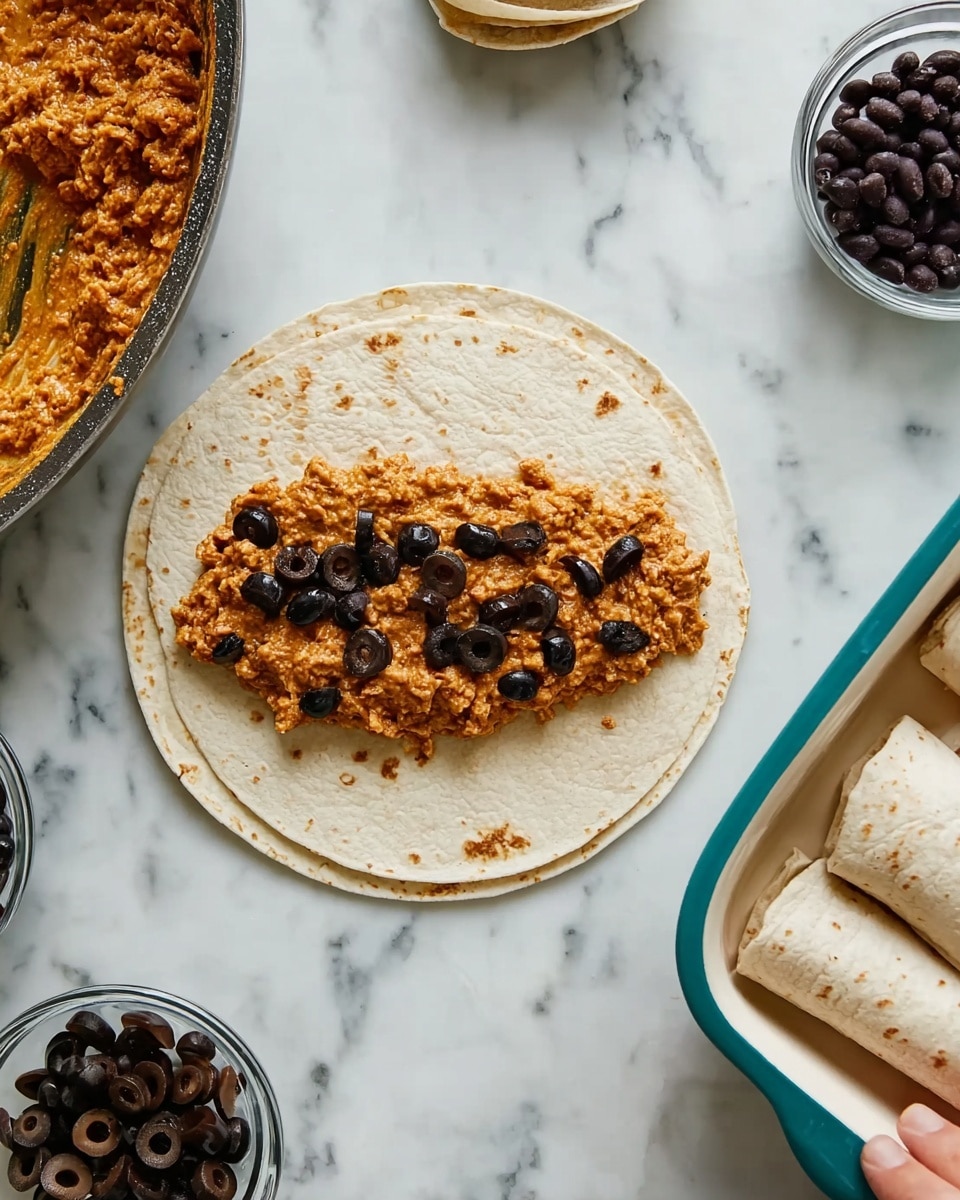 A white tortilla lies flat on a white marbled surface. On the tortilla, there is a central layer of thick orange-brown mixture with a coarse texture, topped with scattered black beans and sliced black olives. To the right, folded white tortillas rest inside a white dish with a teal inside edge. At the top right, two more white tortillas are stacked. A glass bowl of black beans sits on the left along with a small glass bowl of sliced black olives below it. A portion of a pan with more orange-brown mixture is visible at the upper left. photo taken with an iphone --ar 4:5 --v 7