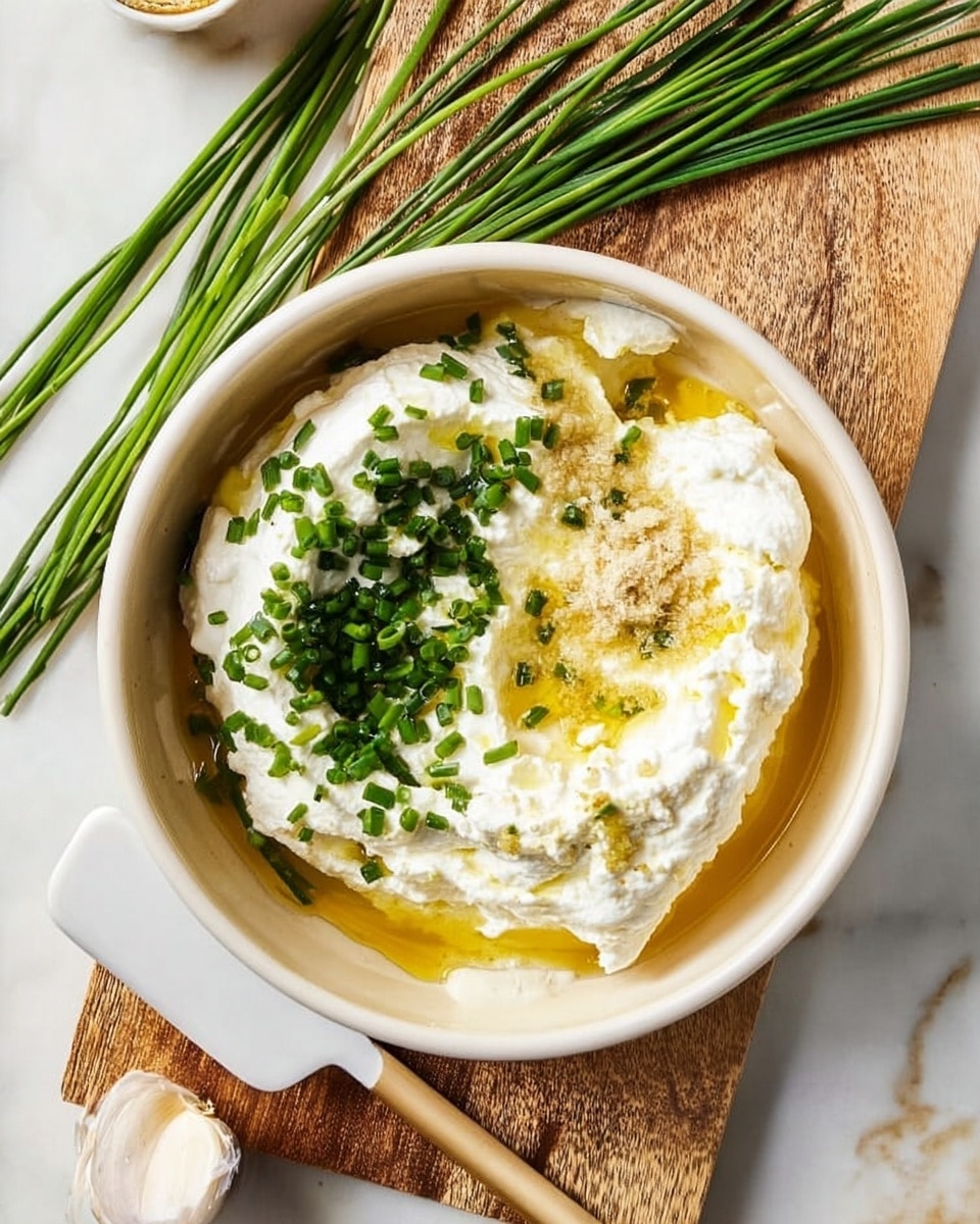A close-up top view of a small bowl filled with creamy white ricotta cheese mixed with golden yellow olive oil drizzled on top, finely chopped bright green chives scattered over one side, and a light tan powder and some minced garlic visible on the other side. The bowl is placed inside a slightly larger white dish with a mustard yellow liquid at the bottom. To the top of the frame, some whole long green chives rest on a white marbled surface next to a rustic wooden board, and a white spatula is placed beside the dishes on the left. Photo taken with an iphone --ar 4:5 --v 7