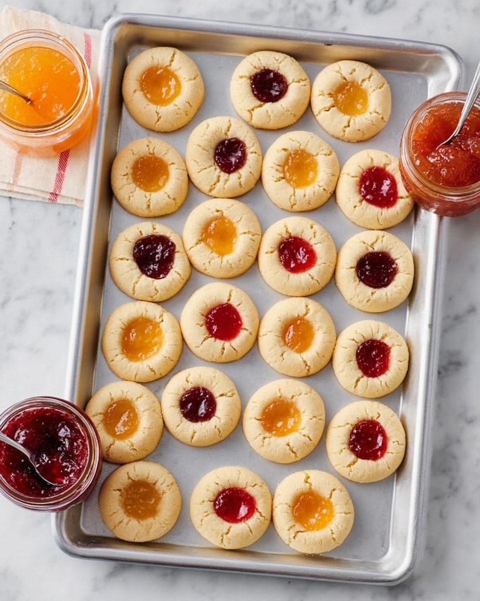 A silver baking tray holds 20 round thumbprint cookies arranged in a neat grid, each cookie pale yellow with slight cracks and a soft, crumbly texture. Each cookie has a small round well filled with either bright orange or deep red jam, alternating between these two colors across the tray. The tray sits on a white marbled surface, next to two open jars of jam—one orange and the other red—with a spoon resting in each jar. The overall scene looks fresh and inviting. photo taken with an iphone --ar 4:5 --v 7