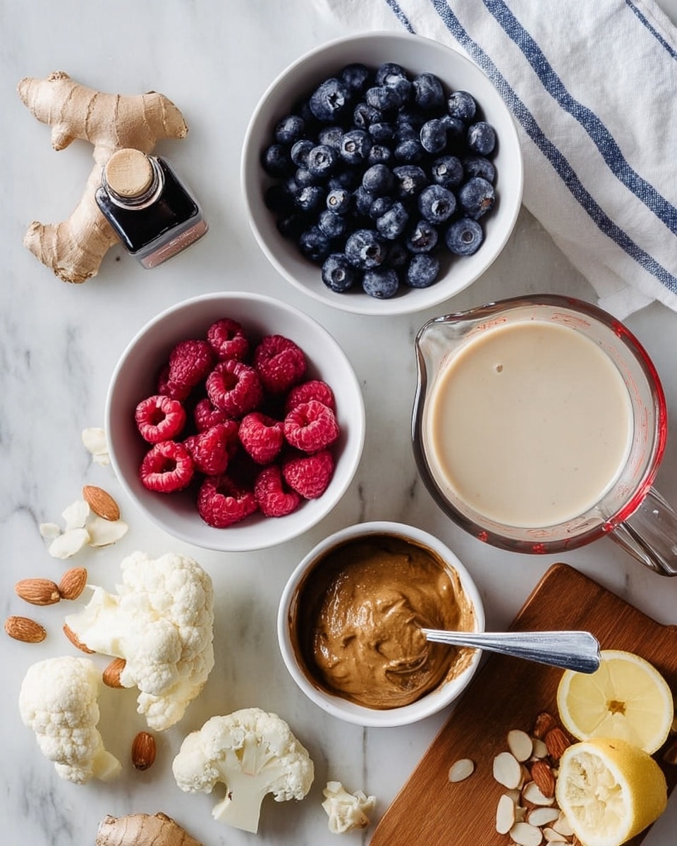 The image shows several small white bowls and a clear glass measuring cup placed on a white marbled surface. One white bowl is filled with dark blueberries, another bowl holds bright red raspberries, and a third contains a thick, brown almond butter with a small spoon inside. The clear glass measuring cup is filled with a light beige liquid. There is a small bottle of dark vanilla extract beside the blueberry bowl. On a wooden board, next to the bowls, are a peeled banana and small white cauliflower pieces. Fresh ginger root and lemon half rest on the marbled surface. Some scattered sliced almonds are near the almond butter bowl. A white cloth with blue stripes lays partly on the surface behind the bowls. photo taken with an iphone --ar 4:5 --v 7