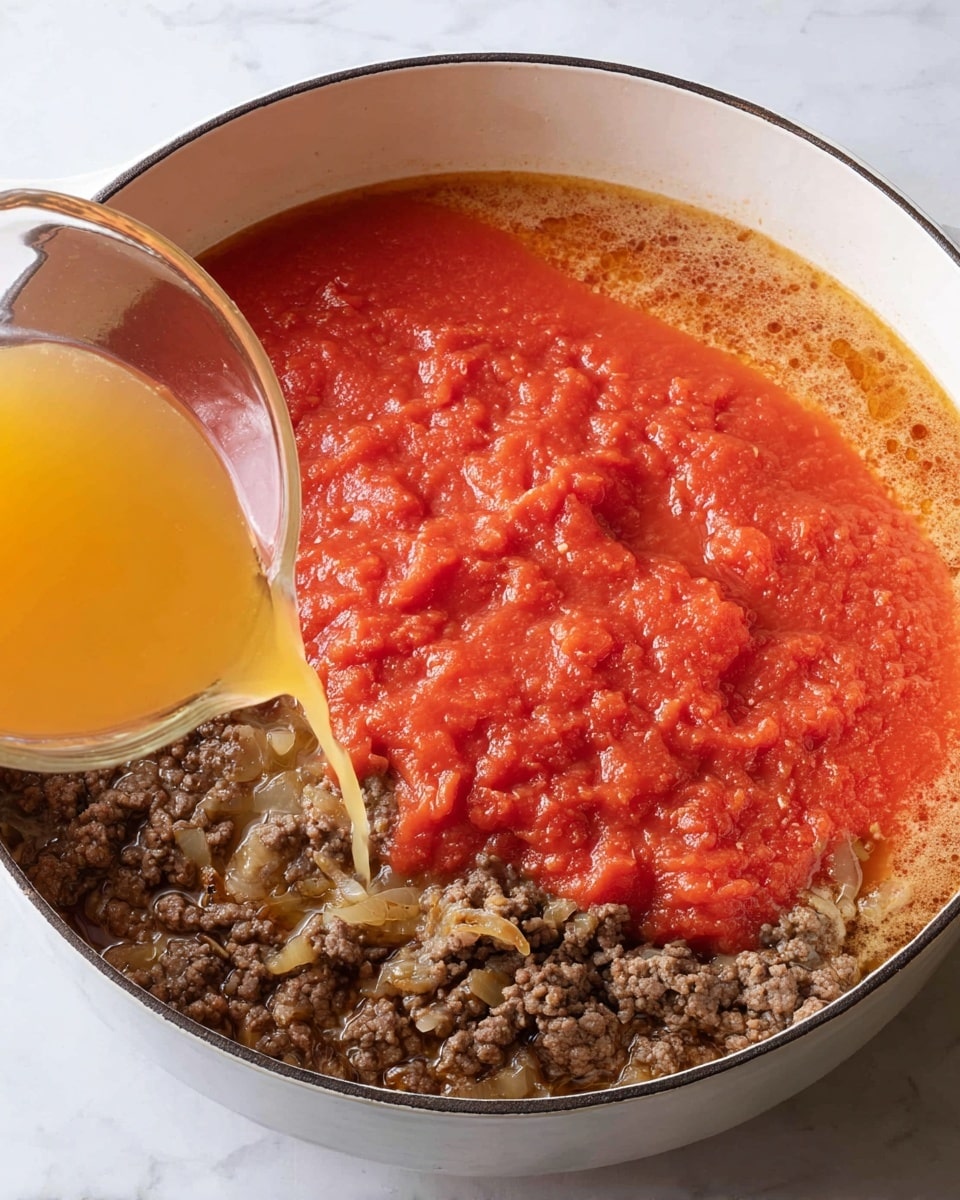 A white pot filled with three layers being cooked: the bottom layer is a dark brown cooked ground meat with bits of onion mixed in, the middle layer is a light brown broth surrounding the meat, and the top layer is a bright red chunky tomato sauce spread over the meat and broth; at the bottom left, a clear glass cup with a golden liquid is being poured into the pot against a white marbled surface background photo taken with an iphone --ar 4:5 --v 7