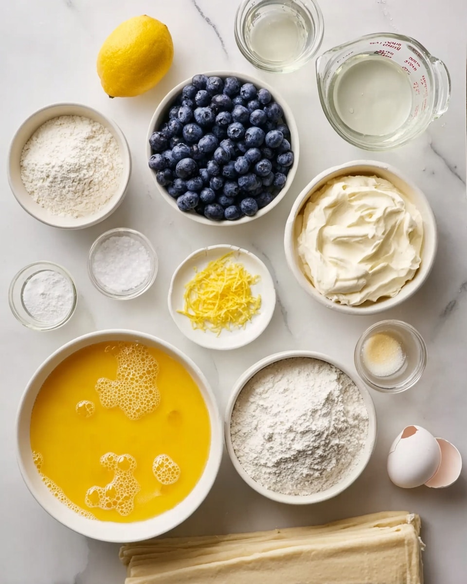 A white marbled surface holds several white bowls arranged neatly with baking ingredients: one bowl has bright yellow beaten eggs with bubbles, another is filled with dark blue blueberries, and a third holds white flour. There is a whole yellow lemon beside a small white dish with yellow lemon zest. A bigger bowl contains creamy white cream cheese. Various small glass bowls with white powders and salt are also present. Two measuring cups contain clear liquids, possibly water and lemon juice. A folded sheet of dough lies at the bottom and an empty eggshell rests near the bowls. All items are spaced evenly for a clean and organized look. Photo taken with an iphone --ar 4:5 --v 7