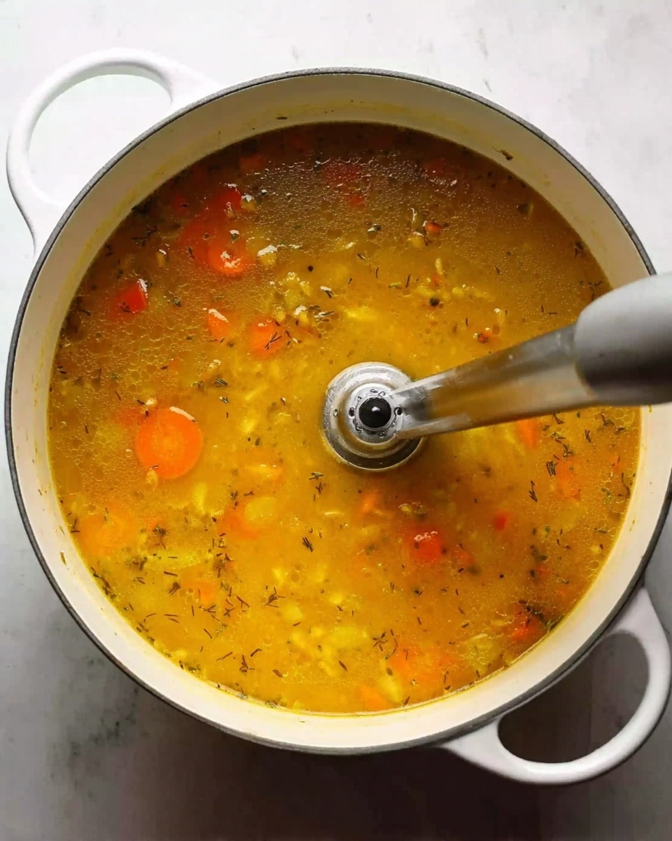 A white pot filled with a yellow-orange soup that has visible carrot slices and small pieces of other vegetables, along with tiny herbs floating throughout. A silver immersion blender is partially submerged in the soup, blending the ingredients gently. The pot is placed on a white marbled surface, adding a clean and bright background to the image. photo taken with an iphone --ar 4:5 --v 7