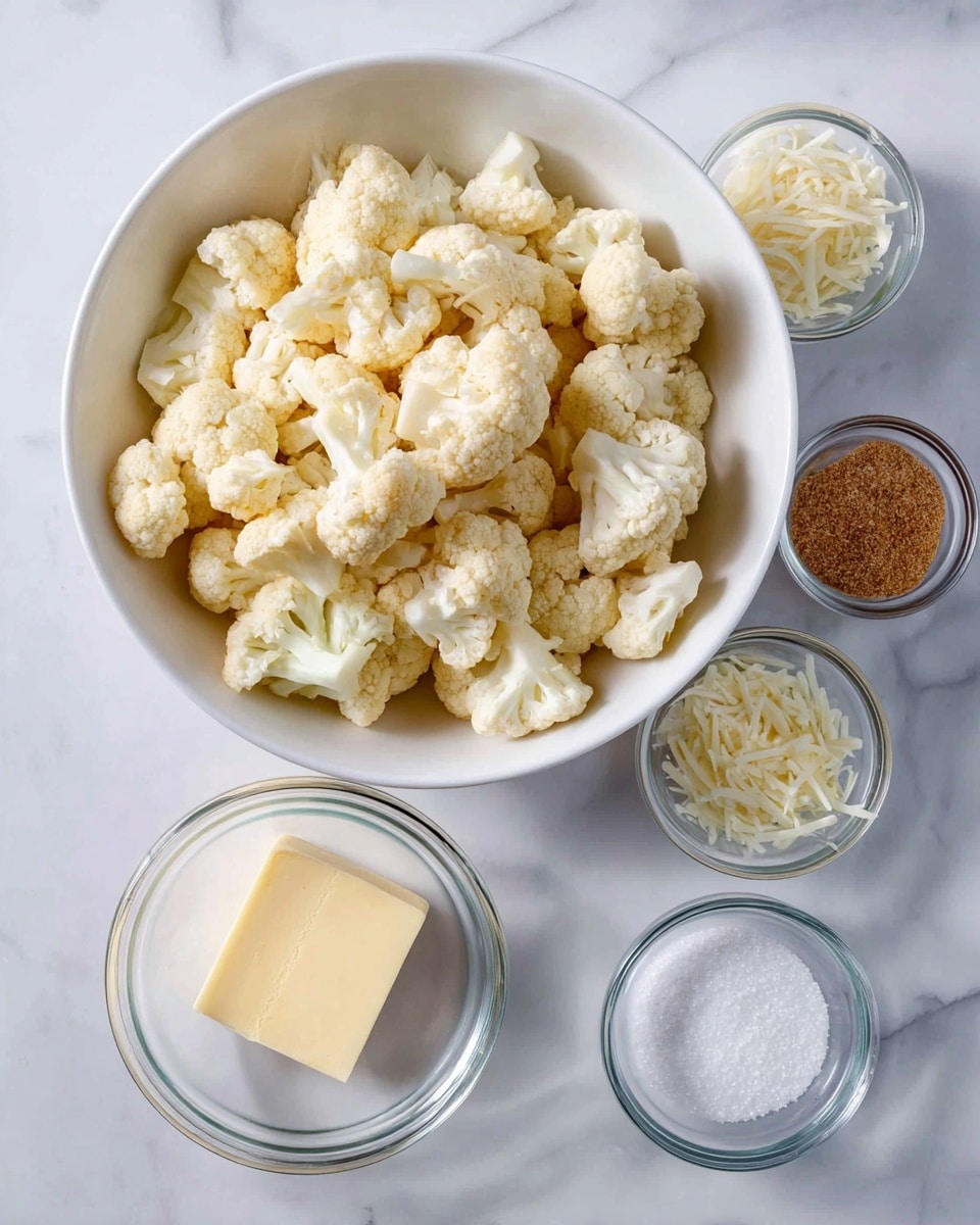 A large white bowl filled with many small, cream-colored cauliflower florets is placed on a white marbled surface. To the right, there are five small clear glass bowls arranged closely in two columns. The top left bowl contains finely shredded white cheese, while the top right bowl holds a brownish spice mix. Below, a square piece of pale yellow butter sits in one bowl, with a bowl of light beige cream cheese below it. The last bowl holds fine white salt. The scene is well lit, showing textures of the ingredients clearly. photo taken with an iphone --ar 4:5 --v 7
