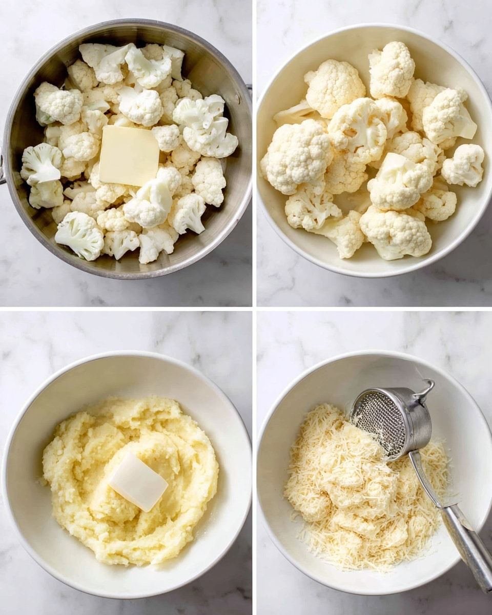 The first layer shows a metal pan filled with large white cauliflower florets placed on a white marbled surface. The second layer features a white bowl filled with the same cauliflower florets but cooked, resting on a white marbled surface. The third layer shows the cooked cauliflower mixed in a white bowl with a thick square of butter, a small dollop of cream, toothlike grated cheese, and light brown seasoning, all on a white marbled surface. The fourth layer is a close-up of the cauliflower mixture in the white bowl after being mashed with a silver potato masher, showing a creamy, textured yellowish mixture, set on a white marbled surface photo taken with an iphone --ar 4:5 --v 7