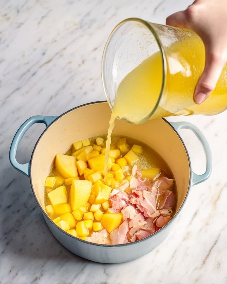 A white pot with light blue handles sits on a white marbled surface. Inside the pot, there are four layers: in the center, there are large yellow pieces which look like cut potatoes; to the left side, smaller diced yellow cubes; on the right, small pieces of raw pink meat partially submerged in the liquid; the liquid is a yellowish broth filling the pot about halfway. A woman's hand is pouring more yellow broth from a clear glass container into the pot. Photo taken with an iphone --ar 4:5 --v 7