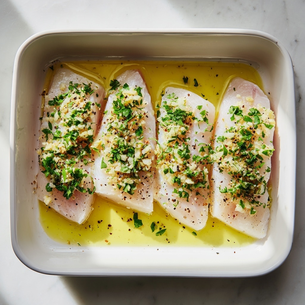 A white rectangular baking dish filled with four raw chicken pieces lying flat and spaced evenly. Each chicken piece is topped with a layer of finely chopped garlic and green herbs, scattered over the light pink surface. The chicken is lightly coated with olive oil, visible as a glossy, pale yellow layer pooling slightly around the meat. Small black pepper specks are scattered on top, adding texture and contrast. The baking dish rests on a white marbled surface that shines softly under natural light. Photo taken with an iphone --ar 4:5 --v 7
