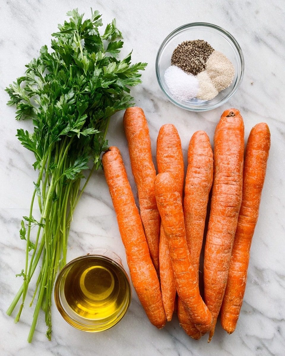 The image shows eight whole carrots with a rough orange skin lying side by side on a white marbled surface. To the left of the carrots, there is a small bunch of fresh green parsley with long stems. Above the parsley, a clear glass bowl contains small piles of coarse salt and black pepper. Below the parsley, there is a small glass bottle filled with golden olive oil. All items are placed neatly on the white marbled surface. photo taken with an iphone --ar 4:5 --v 7
