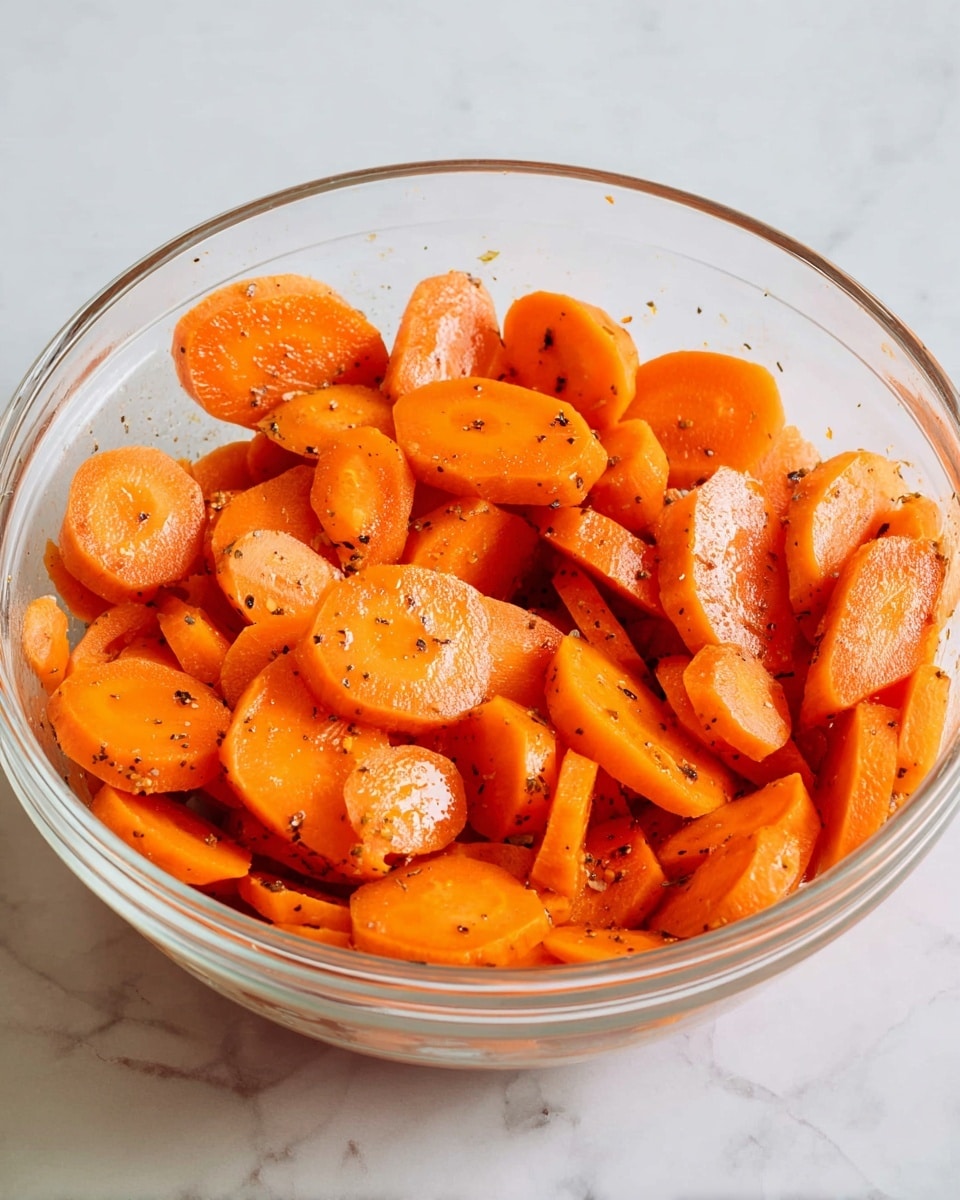 The image shows one clear glass bowl filled with two layers of bright orange carrot slices, both round and oval shapes. The carrot pieces are coated lightly with small black pepper specks and a shiny layer of seasoning. The bowl is placed on a white marbled surface. The photo taken with an iphone --ar 4:5 --v 7