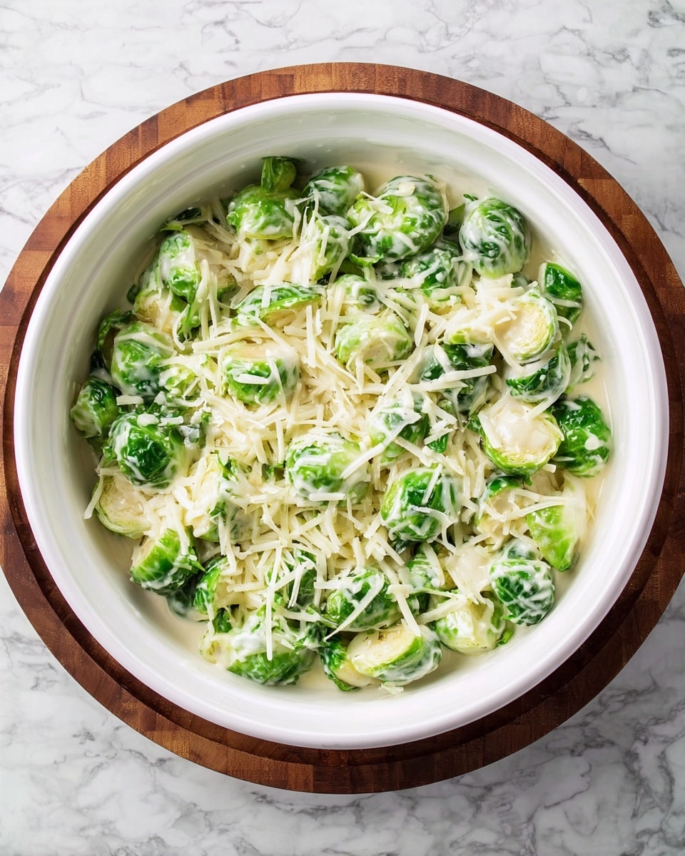 A white bowl filled with cooked Brussels sprouts, coated in a creamy white sauce, topped with a light layer of shredded white cheese scattered evenly over the bright green vegetables. The Brussels sprouts have a slightly glossy texture showing the sauce, and the cheese strands lay loosely on top, some slightly melted. The bowl sits on a surface with a white marbled texture. photo taken with an iphone --ar 4:5 --v 7
