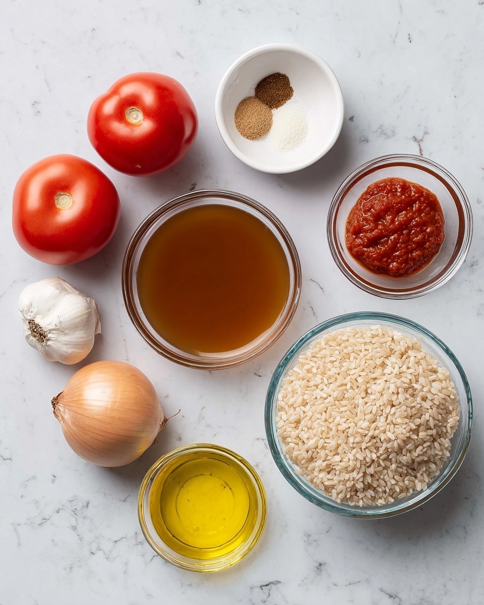 The image shows ingredients arranged on a white marbled surface: two red tomatoes on the left, an onion below them, and three garlic cloves near the center. A glass bowl of brown liquid is placed in the center, with a clear glass bowl filled with light brown rice to the right of it. Above the rice bowl is a small white bowl with white salt and two brown spices. Nearby is a small glass container filled with yellow oil. Above the tomatoes is a small clear glass bowl with red tomato paste. The items are spaced evenly, creating a neat setup for cooking preparation photo taken with an iphone --ar 4:5 --v 7