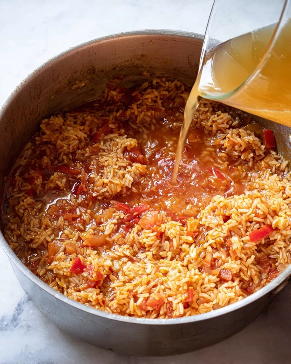 A large silver pot filled with vibrant reddish-brown tomato rice cooking. The rice grains are partially mixed with small diced red tomatoes and bits of onion, visible in the sauce. A glass container is pouring clear golden broth into the pot from the right side. The background shows a white marbled surface under the pot. The scene captures the cooking process with rich textures of the simmering liquid and tender rice. Photo taken with an iphone --ar 4:5 --v 7