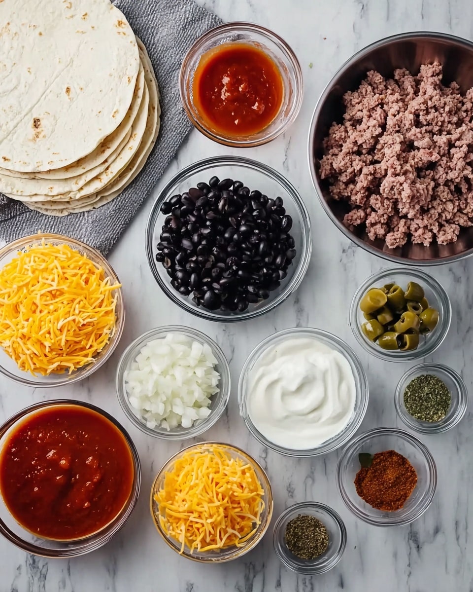 The image shows a flat lay of ingredients arranged on a white marbled surface. There is a stack of soft flour tortillas on a grey cloth in the top left corner. Nearby, there are small clear bowls filled with red sauce, black beans, shredded orange cheddar cheese, smaller shredded yellow cheddar cheese, chopped white onions, sliced black olives, plain white yogurt or sour cream, and minced garlic. A stainless steel bowl filled with raw ground meat is on the top right. Small glass bowls hold different spices in red, green, and brown colors. The colors are bright and the textures vary from smooth sauce to coarse cheese and moist meat. photo taken with an iphone --ar 4:5 --v 7