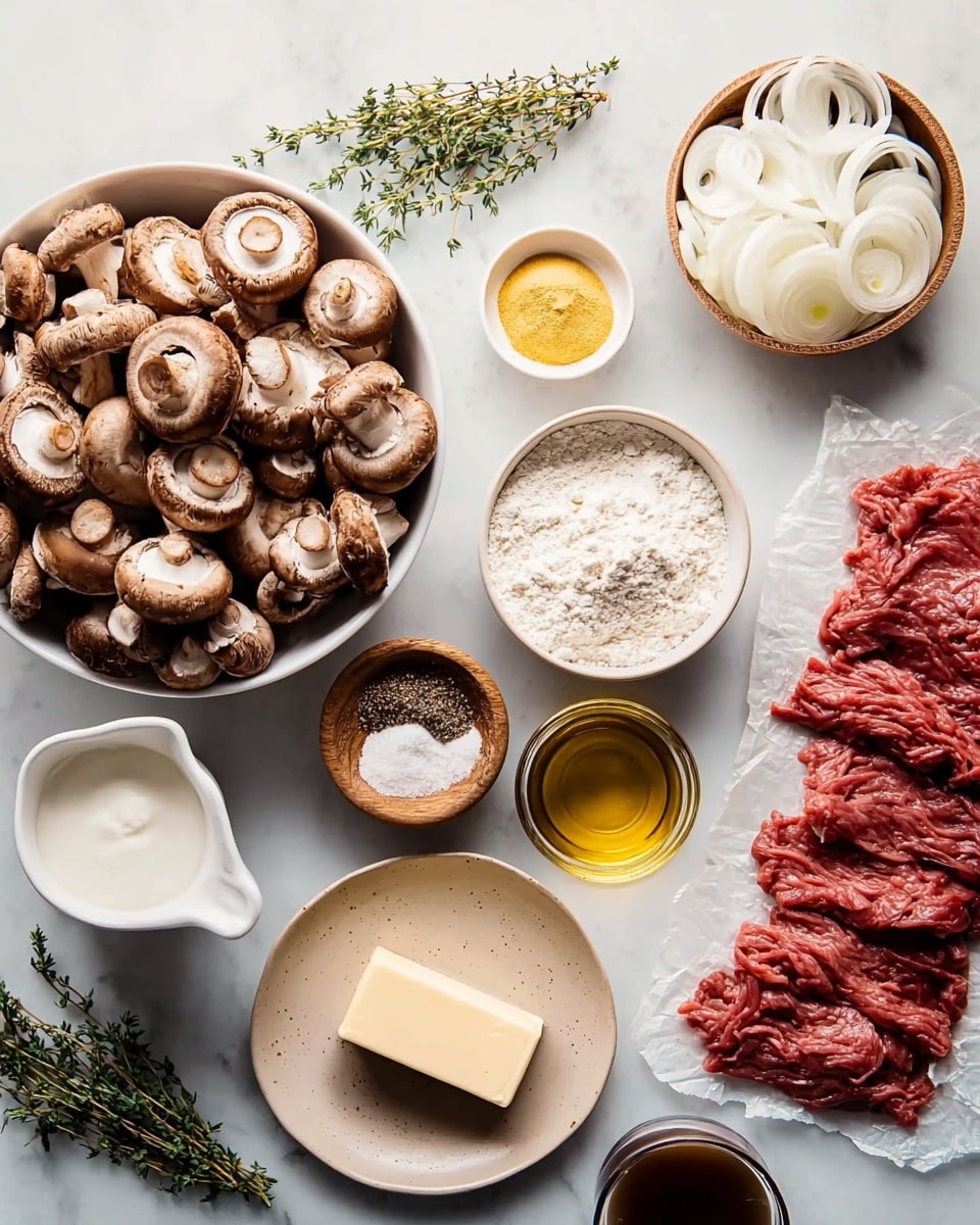 The image shows ingredients neatly arranged on a white marbled surface. There is a white bowl full of sliced brown mushrooms taking the central focus. Next to it on the right, thin strips of raw red meat rest on a piece of white paper. Surrounding these main items are small round wooden bowls containing white flour, chopped garlic, and a salt and pepper mix, along with a small amount of yellow mustard in a tiny bowl. A white bowl holds thin white onion slices, and another white bowl contains a thick white sauce, likely sour cream. There is also a small white cup with golden olive oil and a glass cup with dark brown broth or sauce. A small beige plate carries a square piece of butter, and fresh green thyme sprigs lie near the flour. The bright natural light highlights the colors and textures clearly. Photo taken with an iphone --ar 4:5 --v 7