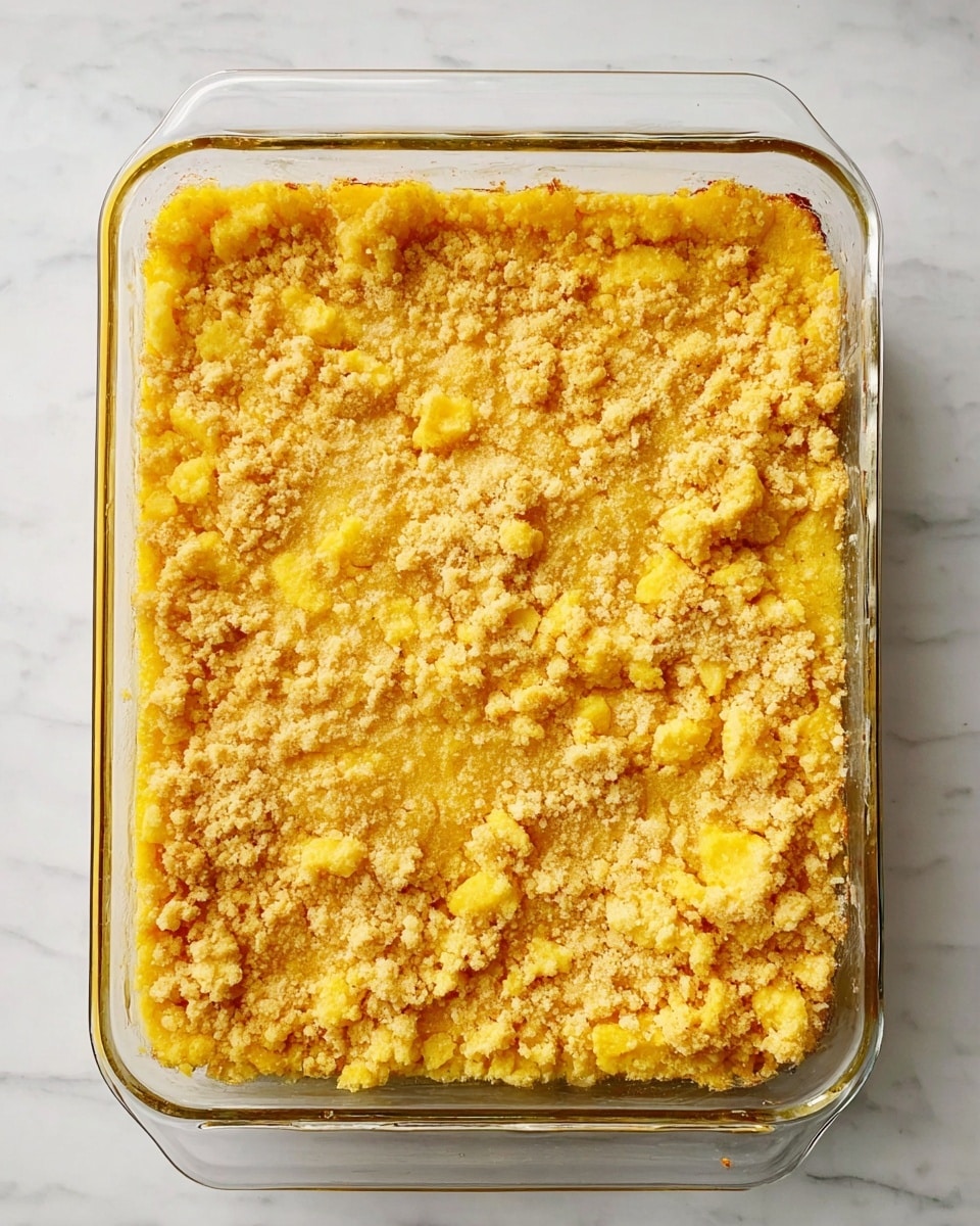 A clear glass rectangular baking dish filled with one thick layer of a golden-yellow baked casserole with a rough, crumbly texture on the top and some small browned spots, sitting on a white marbled surface. The casserole surface looks slightly uneven with some visible clumps and a mix of light and darker golden colors. Photo taken with an iphone --ar 4:5 --v 7