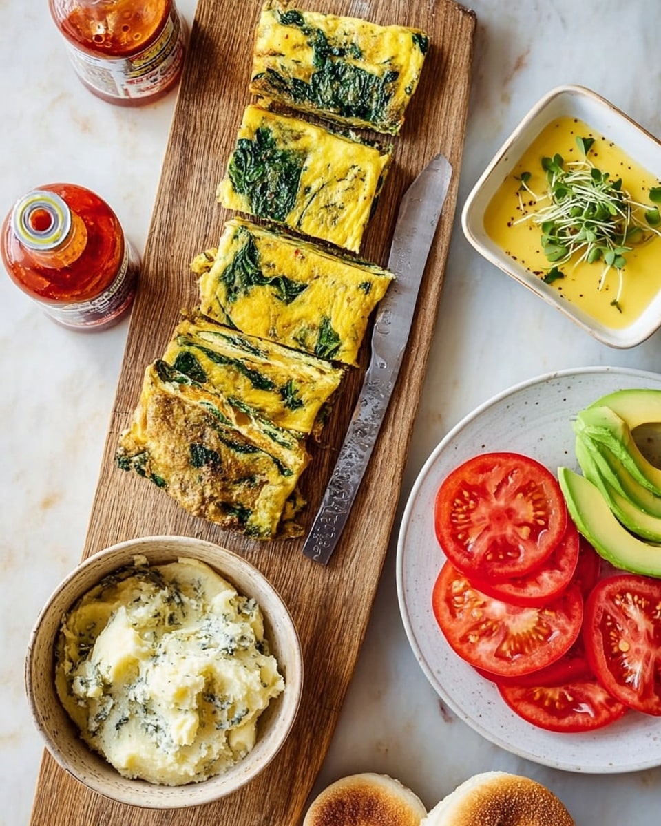The image shows a wooden board with a folded spinach omelette cut into four rectangular pieces, each layer showing bright yellow egg with dark green spinach unevenly spread inside. A knife rests partially under the omelette on the board. To the right, a white plate holds thick red tomato slices layered neatly next to light green avocado slices. Below, there is a beige bowl filled with creamy white mashed potatoes mixed with green herbs, with a spoon inside. Next to the bowl, two split English muffins, lightly toasted with a brown and beige crust, sit side by side. A bottle of hot sauce with a red cap is placed near the muffins. In the top right corner, a white square bowl contains a yellow sauce topped with small greens, all set on a white marbled surface. Photo taken with an iphone --ar 4:5 --v 7