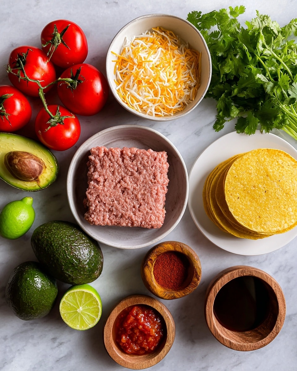 This image shows raw ingredients arranged neatly on a white marbled surface. At the center right, a small stack of yellow corn tortillas sits on a white plate. Below that, on the left, is a white bowl filled with ground pink meat. Above the meat, a white bowl holds shredded yellow and white cheese. To the left of the tortillas, a bunch of ripe red tomatoes still on the vine rests next to two dark green avocados and a bright green lime near fresh green cilantro leaves on the upper right. On the lower right side, there are three wooden bowls; one contains red seasoning powder, another has chunky red salsa, and the smallest one holds a dark, almost black liquid. The image is bright and clear, showing fresh and ready-to-use ingredients. Photo taken with an iphone --ar 4:5 --v 7