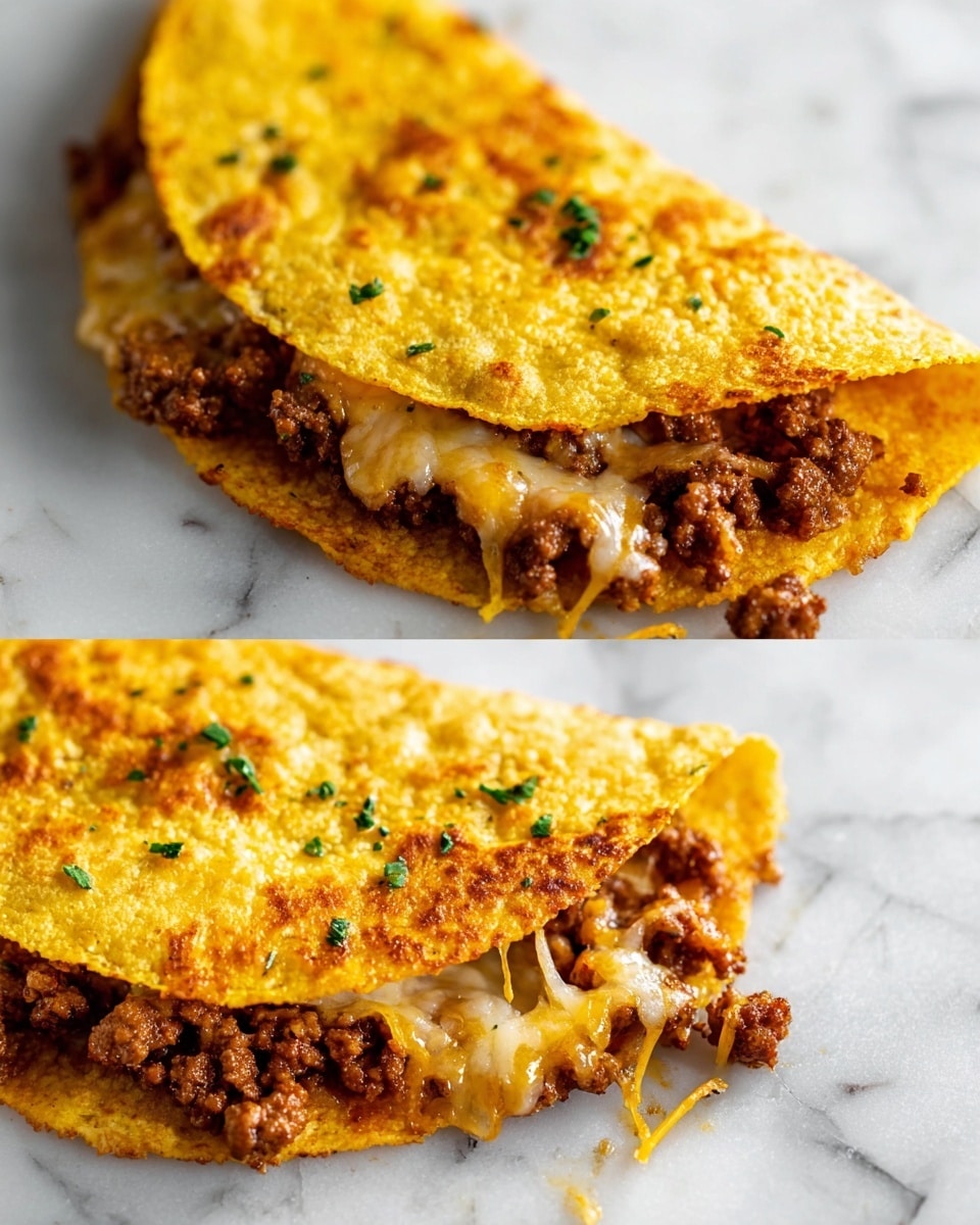 The image shows two views of folded yellow corn tortillas filled mostly with browned ground meat and shredded cheese. The tortillas have a slightly rough texture and are gently folded in half, covering a filling layer with brown, crumbly meat and a mix of white and yellow shredded cheese peeking out from underneath. The close-up shows one tortilla after cooking with melted, bubbly cheese oozing out and small green herb bits sprinkled on top. The tortillas rest directly on a white marbled surface with no plate or bowl visible. photo taken with an iphone --ar 4:5 --v 7
