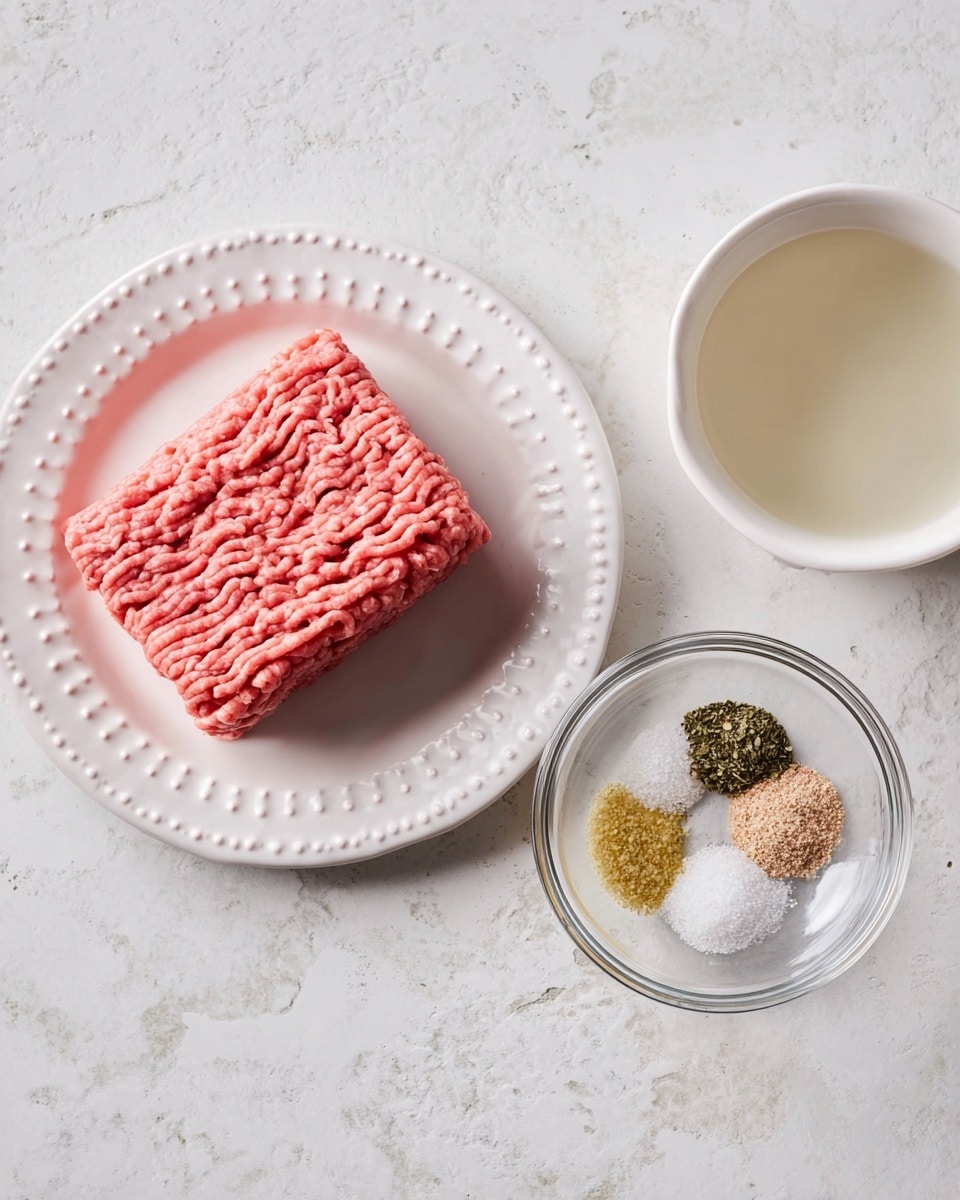A block of raw ground meat with a bright pink color and textured surface sits on a white plate with a raised dotted edge on a white marbled surface. Next to it, on the right, there is a white bowl filled with a clear liquid and below that, a clear glass bowl contains five small piles of seasonings in different colors: beige, light yellow, light green, pale brown, and white. The overall scene is clean with a simple composition. photo taken with an iphone --ar 4:5 --v 7