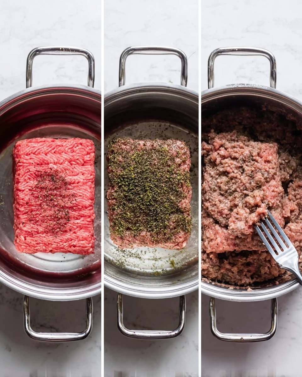 The image shows a three-step process of cooking ground meat in a metal pot. The first step displays a rectangular block of raw bright red ground meat placed in the center of the pot on a silver rack. The second step adds a sprinkling of green and black dried herbs evenly spread over the meat’s surface, maintaining the block shape. The third step shows the meat fully cooked into a brown color with a crumbly texture, seasoned on top with herbs, and a silver fork breaking into the cooked meat on a white marbled surface. photo taken with an iphone --ar 4:5 --v 7