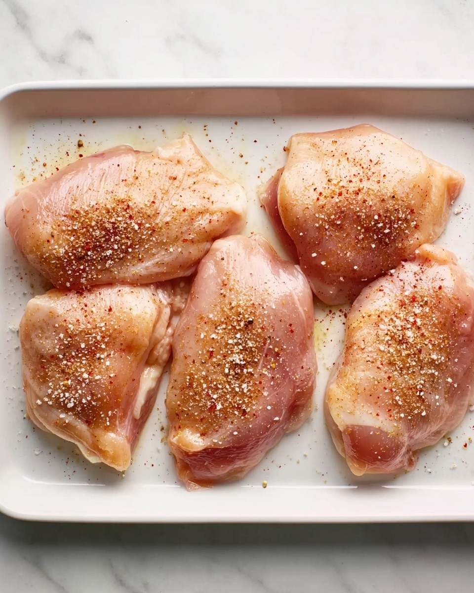 Four raw seasoned pieces of chicken placed side by side on a white rectangular tray. Each piece is light pink with a slight shine from oil and sprinkled with coarse salt and red seasoning powder. The tray is set on a white marbled surface. Photo taken with an iphone --ar 4:5 --v 7
