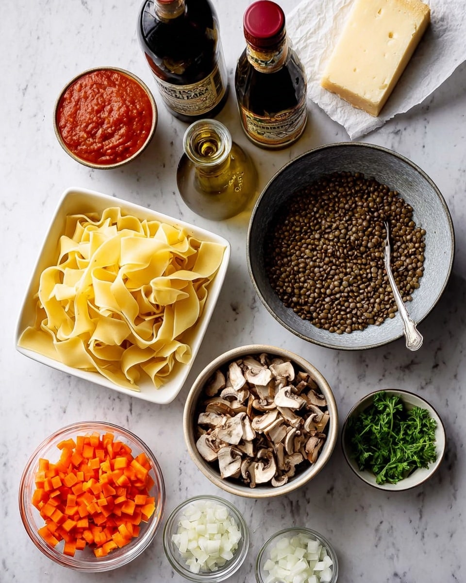The image shows a white square bowl filled with light yellow wide pasta ribbons on the left side. To its right, there is a gray round bowl filled with brown lentils and a silver spoon resting inside it. Below that, there is a white round bowl containing finely chopped brown mushrooms. Near this bowl, a small round light-colored bowl holds chopped white onions. Another small glass round bowl contains small diced orange carrots with green parsley sprigs beside it. Above the bowls, there is a bottle of dark soy sauce, a bottle of light olive oil, a jar of red tomato sauce, and a large piece of pale yellow cheese on white parchment paper. All items are placed on a white marbled surface. photo taken with an iphone --ar 4:5 --v 7