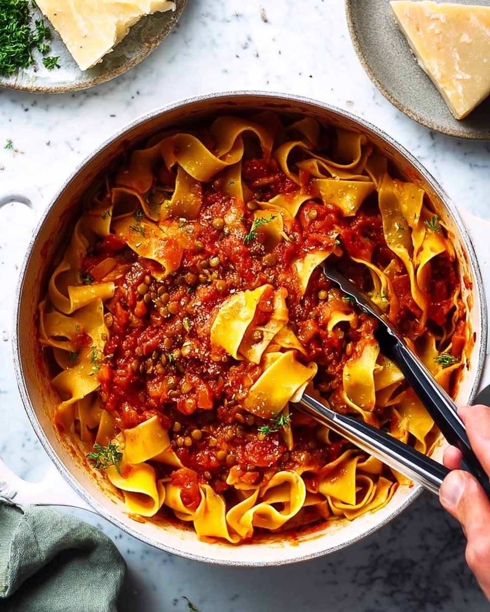 The image shows a white pot filled with wide, flat pasta ribbons mixed in a rich, chunky red tomato sauce with visible lentils and small pieces of vegetables, creating a hearty and thick texture. A woman's hand is holding black tongs stirring the pasta in the pot, adding movement to the scene. The background is a white marbled surface with a wedge of old cheese and fresh green herbs lying nearby. The overall colors focus on the warm yellow of the pasta, deep red of the sauce, and small green accents from the lentils and herbs. Photo taken with an iphone --ar 4:5 --v 7