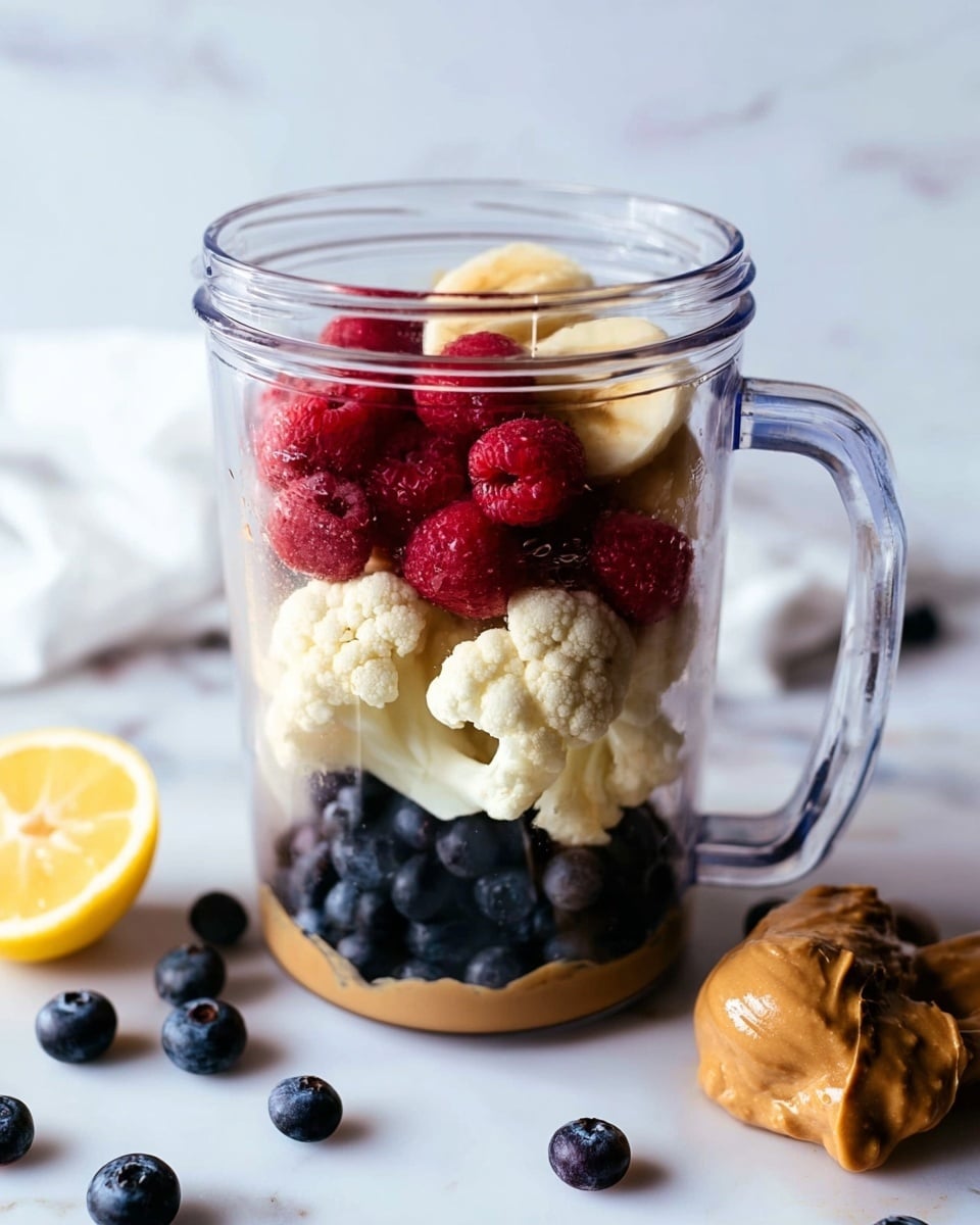 The clear blender jar shows separate layers from top to bottom: bright red raspberries in one section, a light brown spread of almond butter next to half a pale yellow banana, white cauliflower florets to the left, and dark blue blueberries at the bottom. The jar is placed on a white marbled surface with scattered blueberries around and a lemon half placed near the corner. The image is bright and clean, with soft natural light highlighting the fresh fruits and vegetables inside. Photo taken with an iphone --ar 4:5 --v 7