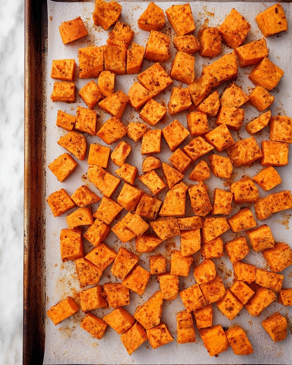 This image shows many pieces of cubed sweet potato spread out evenly on a sheet of white parchment paper on a baking tray. The cubes are medium-sized, with a bright orange color and flecks of darker seasoning all over them. The tray has some darkened edges, showing signs of use, and the sweet potato pieces appear ready for roasting with a slightly rough texture. The background under the tray is a white marbled surface. photo taken with an iphone --ar 4:5 --v 7
