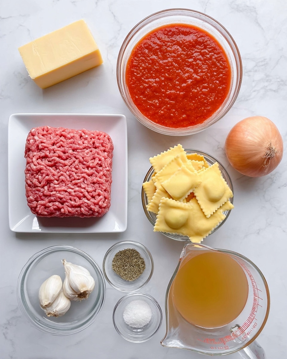 The image shows several cooking ingredients arranged neatly on a white marbled surface. On the bottom left, there is a square white plate holding a block of ground meat with a pink and red color and a textured surface. To the right of it, there is a small round clear bowl filled with pale yellow square ravioli pieces, and above it, a larger round clear bowl filled with bright red tomato sauce with a slightly chunky texture. Further to the right, there is a glass measuring cup with light brown broth. On the top left, there is a piece of pale yellow cheese with a smooth texture, next to a small clear bottle of light golden olive oil. Below the oil, there is a small clear bowl holding two whole cloves of white garlic. Beside it, there is another small clear bowl containing a mix of white salt, black pepper, and green dried herbs. Finally, on the top right, there is a whole light brown onion with smooth skin. All the items are on a clean white marbled surface. Photo taken with an iphone --ar 4:5 --v 7