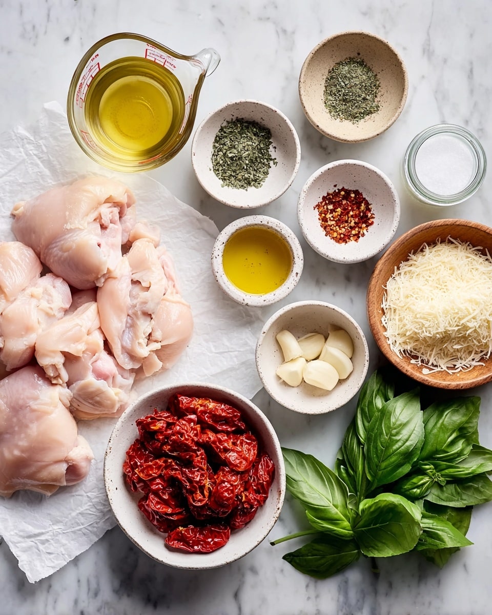 A flat lay of raw pale pink chicken pieces on white parchment paper at the bottom left, surrounded by small white bowls with various ingredients arranged in a semi-circle on a white marbled surface. From top left, a glass measuring cup with light yellow broth sits beside a small white bowl with dried green herbs, a shallow beige dish with crushed red pepper flakes, a small gray bowl with white coarse salt, a white bowl with finely chopped garlic, and a small white bowl with light yellow oil. Centered below these is a white bowl filled with bright red sun-dried tomatoes. To the right, a light wooden bowl holds finely grated cheese with a textured surface. Fresh dark green basil leaves are at the far right, next to a small glass jar with a white liquid. photo taken with an iphone --ar 4:5 --v 7
