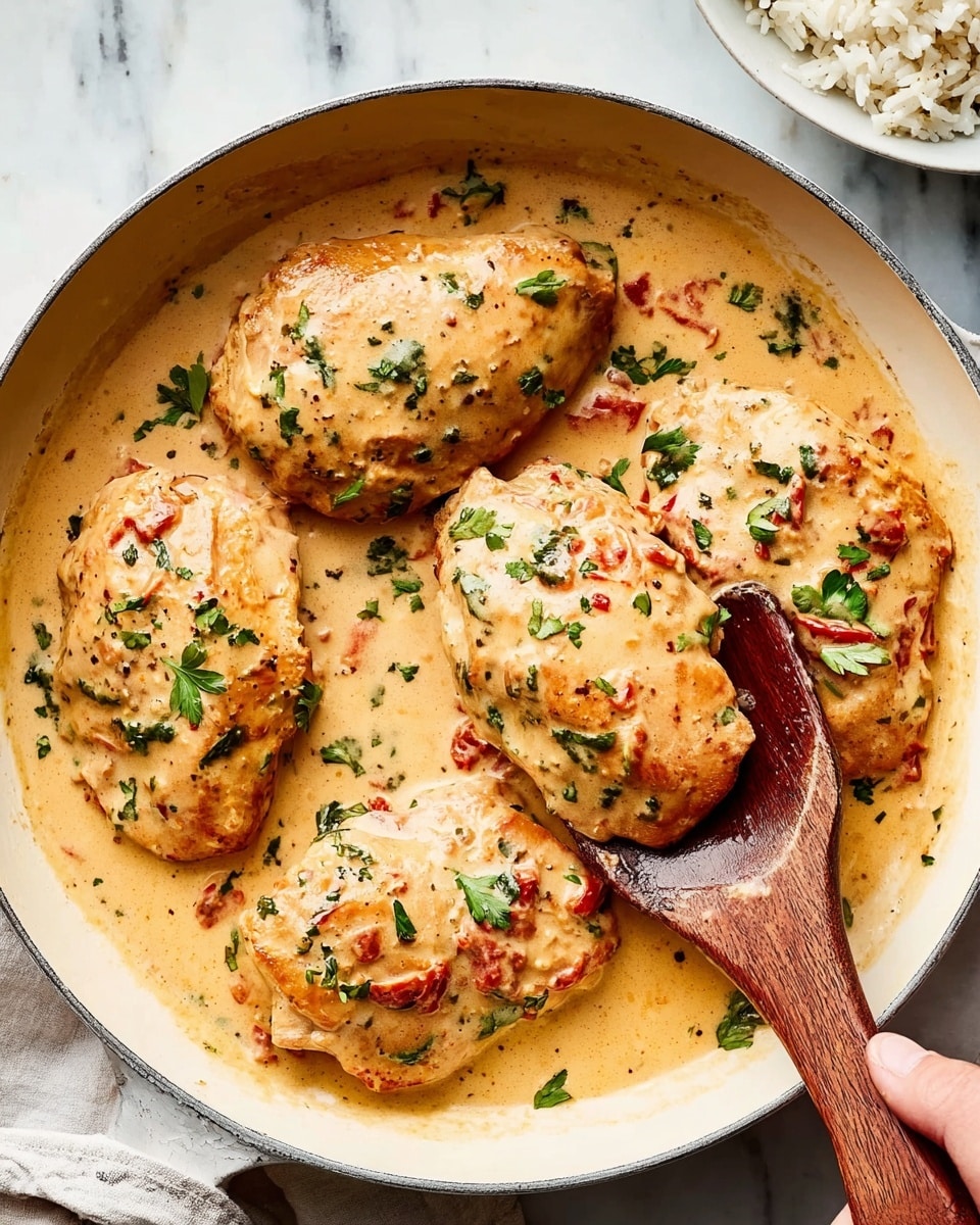 A white pan holds four golden brown chicken pieces covered in a light, creamy sauce with visible small tomato pieces mixed into the sauce. The sauce is smooth with a slight shine, spreading around the chicken and filling the pan. Fresh green herbs are sprinkled over the chicken and sauce, adding a pop of color. A woman’s hand is seen holding a wooden spatula under one piece of chicken, lifting it slightly. The pan sits on a white marbled surface, and a part of a white plate with rice is seen in the top right corner. photo taken with an iphone --ar 4:5 --v 7