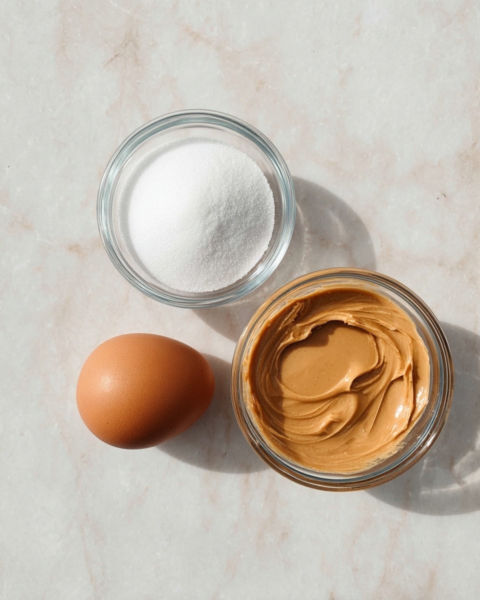 Three small clear glass bowls are placed on a white marbled surface. The top bowl holds white granulated sugar with a smooth surface. The bottom right bowl contains light brown creamy peanut butter with visible soft swirls and a glossy texture. The bottom left bowl has a single brown egg resting at the center. The lighting is soft and natural, showing clear details of each ingredient. Photo taken with an iphone --ar 4:5 --v 7