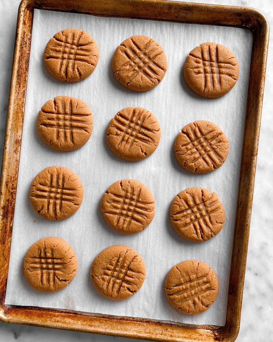The image shows a baking tray lined with white parchment paper holding fifteen round peanut butter cookies arranged in five rows and three columns. Each cookie has a smooth, light brown surface with a pattern of crisscross lines pressed on top, creating a small grid texture. Some cookies show slight cracks on the edges. The tray has a slightly worn look with brown marks around the edges. The overall scene uses a white marbled textured surface in the background. photo taken with an iphone --ar 4:5 --v 7