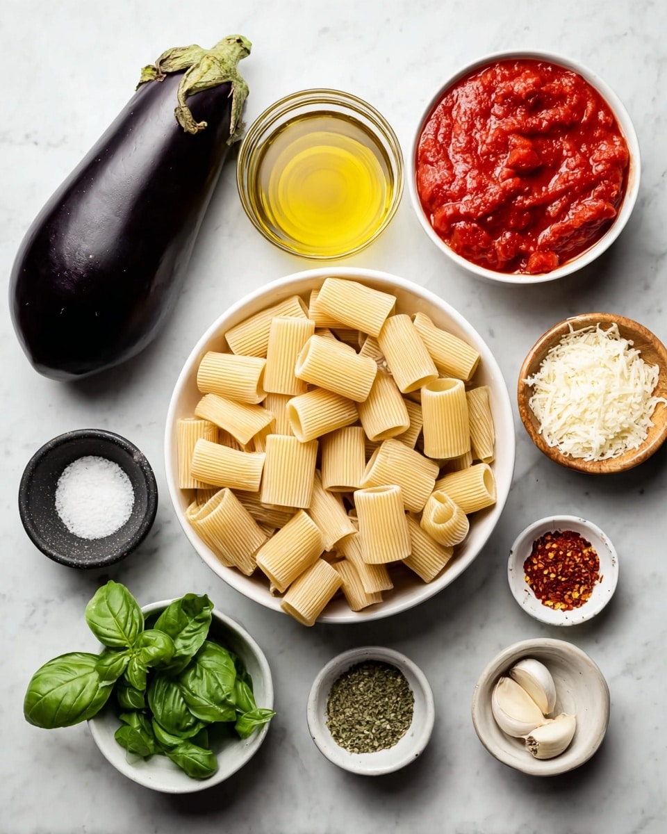 The image shows ingredients for pasta arranged neatly on a white marbled surface. In the center, there is a white bowl filled with dry rigatoni pasta, light beige with a smooth texture. To the left, a glossy dark purple whole eggplant sits next to a white bowl filled with bright red whole peeled tomatoes in thick red sauce. Behind the eggplant, there is a glass container with golden yellow olive oil. Below, two small black stone bowls hold white sea salt and white table salt. On the right side, a white bowl of grated white cheese with a rough texture sits above a small white bowl of red pepper flakes. Next to these, a wooden bowl contains fresh green basil leaves with smooth texture. Below is another small white bowl with light green dried oregano and one with two peeled garlic cloves. Photo taken with an iphone --ar 4:5 --v 7