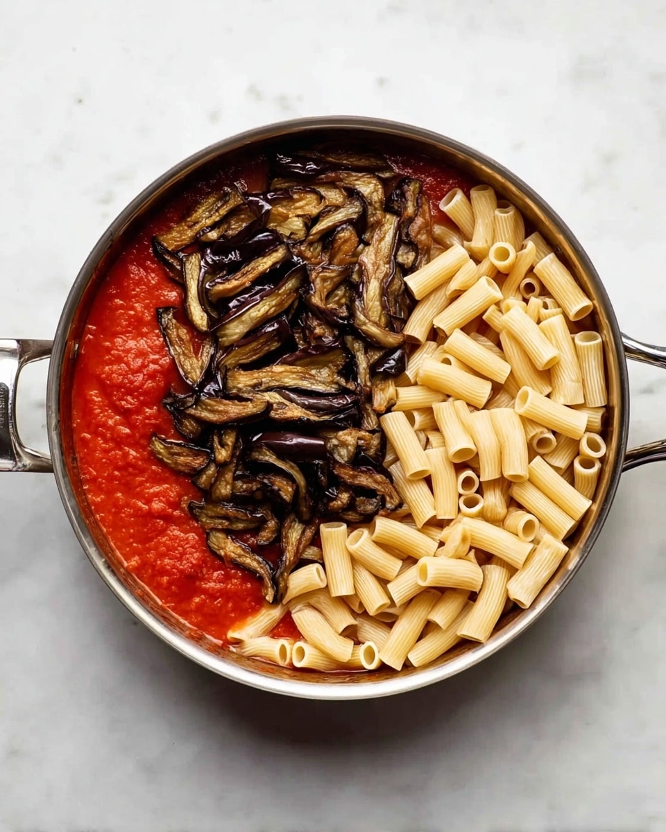 A round silver pan sits on a white marbled surface with two handles on opposite sides. Inside the pan, the bottom layer is a bright red tomato sauce with a smooth texture, covering half of the pan. On the right side of the pan, there is a layer of short, light beige tube pasta pieces, slightly shiny and arranged loosely. On the left side of the pan, there is a pile of dark brown, cooked eggplant strips with a slightly wrinkled texture, piled above the tomato sauce. photo taken with an iphone --ar 4:5 --v 7