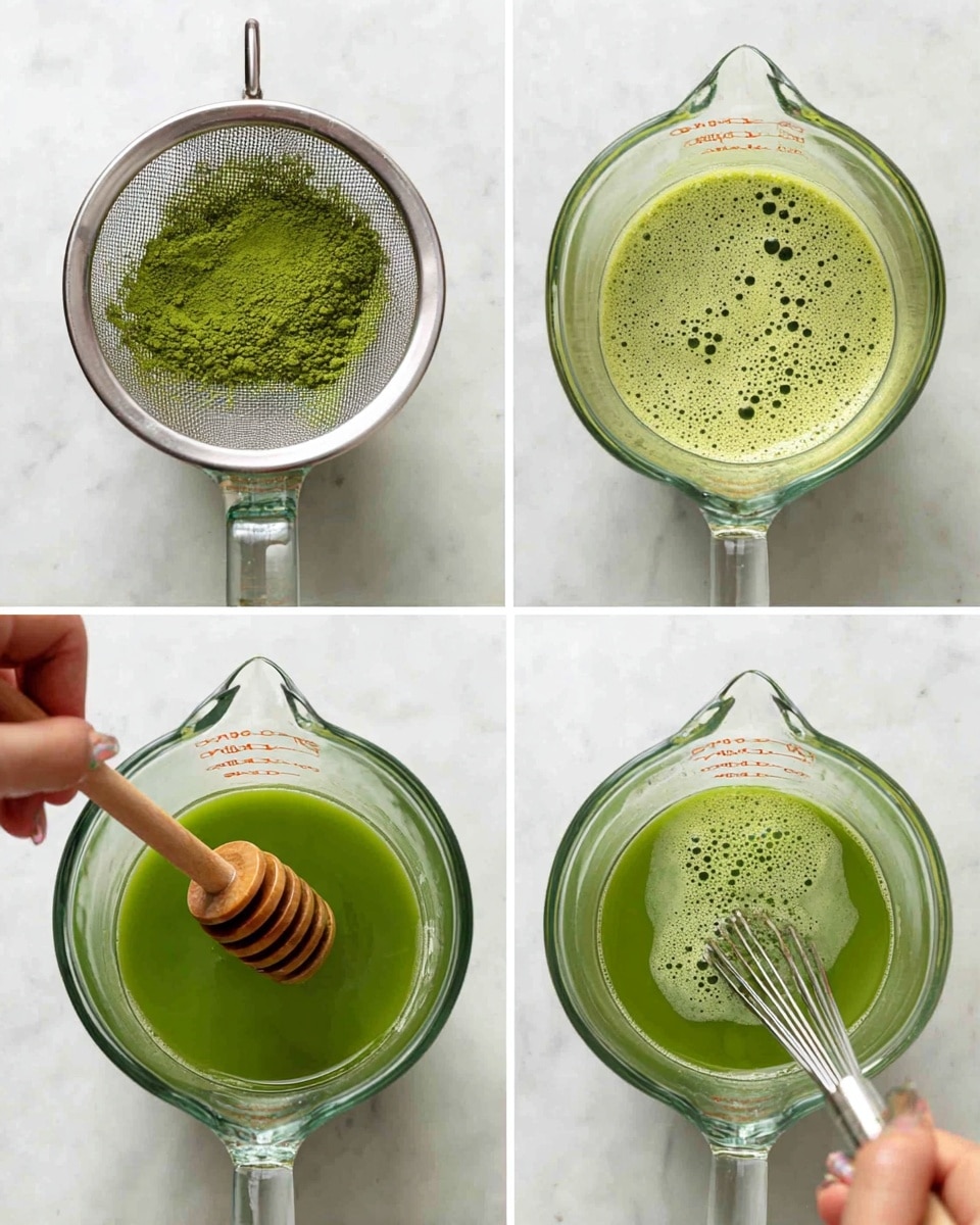 Four images show the process of making matcha tea in a glass measuring cup on a white marbled surface. The first image shows bright green matcha powder in a silver mesh strainer over the cup. The second image shows light green powder with bubbles on top after water is added. The third image shows a whisk mixing the now thicker green matcha liquid, creating small waves and foam. The fourth image shows a wooden honey dipper held by a woman's hand over the cup with green matcha liquid, small bubbles, and a smooth texture. Photo taken with an iphone --ar 4:5 --v 7