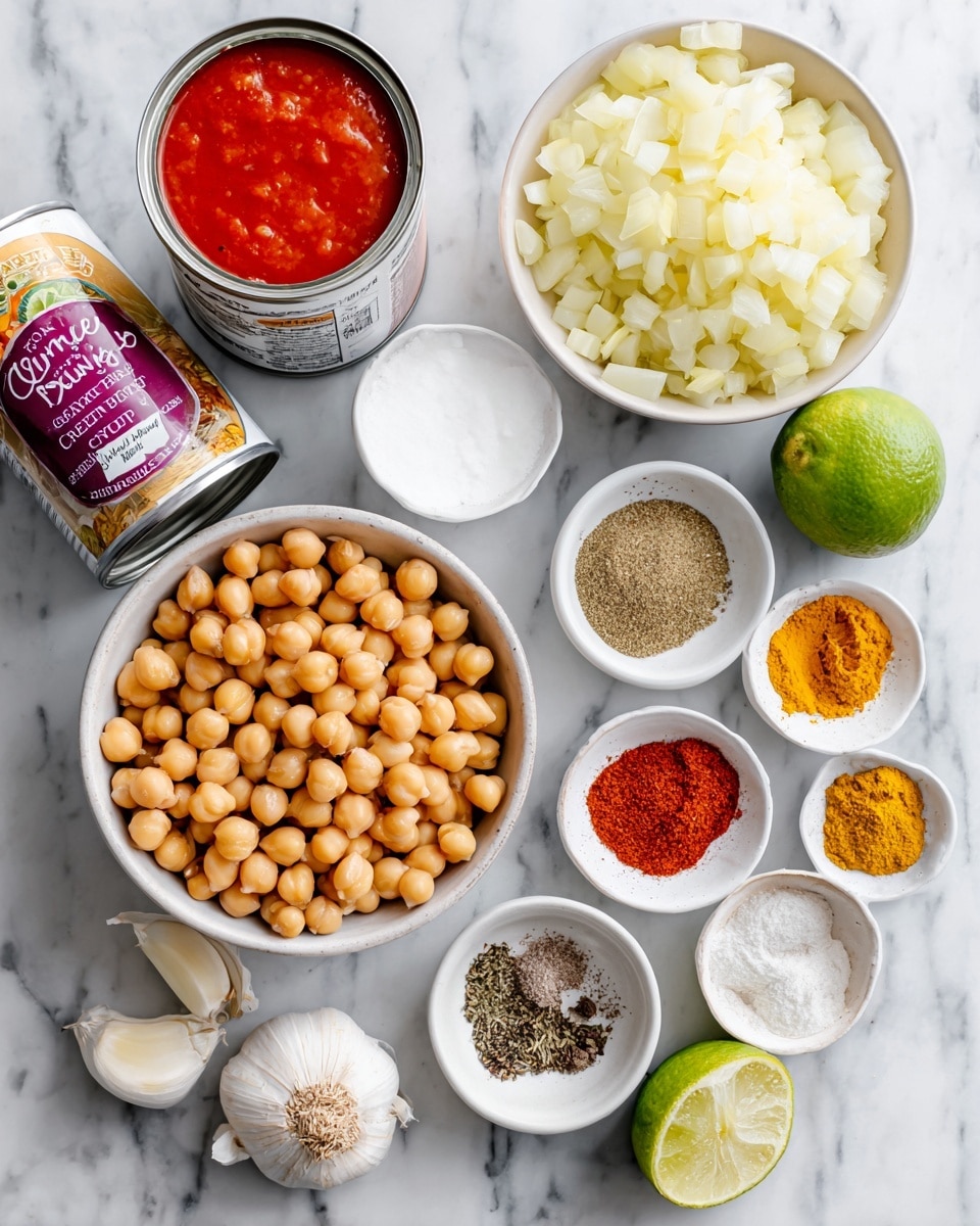 The image shows a white marbled surface with various ingredients for a recipe neatly arranged. At the center is a white bowl full of round, light brown chickpeas. To the right, small white bowls hold white coconut oil and a mix of colorful spices—red paprika, yellow curry powder, white sea salt, black ground pepper, and brown cumin—arranged in separated sections within the bowl. Above the chickpeas is a white bowl filled with diced yellow onion. To the left, an open can with bright red canned tomatoes sits next to an open can of thick white coconut milk. At the bottom left, three garlic cloves are placed beside a small bowl of pale yellow garam masala powder and a whole bright green lime. The ingredients are labeled with soft purple tags. Photo taken with an iphone --ar 4:5 --v 7