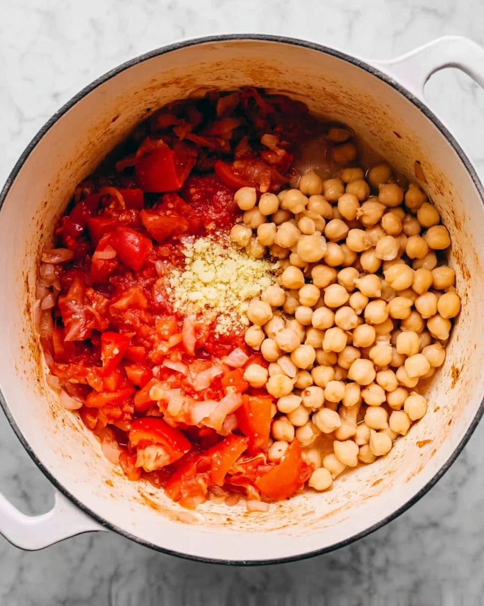 A white pot sits on a white marbled surface, filled with three main layers of ingredients. In the bottom left part of the pot, there are chopped tomatoes mixed with onions, showing a juicy and soft texture in bright red and light orange colors. To the right and slightly above the tomatoes, a pile of light beige chickpeas adds a round and smooth texture. On top of the tomatoes and chickpeas, there is a small amount of finely minced pale yellow garlic. The pot’s interior has a few tomato stains on the sides. photo taken with an iphone --ar 4:5 --v 7