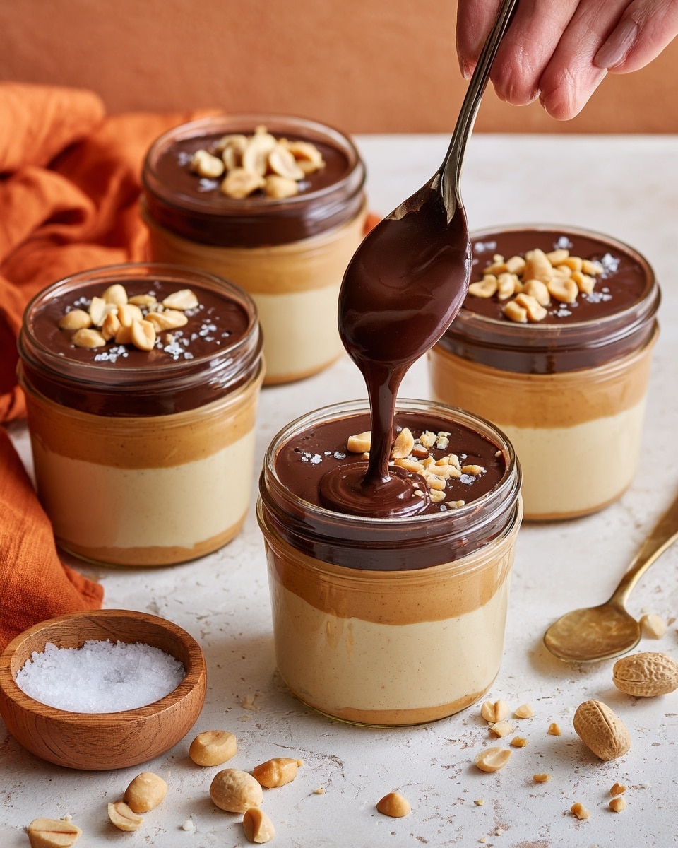 There are four clear glass jars filled with a creamy light beige base layer, topped with a smooth medium brown layer of peanut butter. Three jars have a dark chocolate layer on top, with chopped peanuts and a little salt sprinkled on the chocolate. One jar in the front has no chocolate layer, and a woman's hand is holding a spoon above it, dripping dark chocolate into the peanut butter layer. The jars are placed on a white marbled surface, with a small wooden bowl of salt on the side and an orange cloth along with some scattered chopped peanuts around the scene. photo taken with an iphone --ar 4:5 --v 7