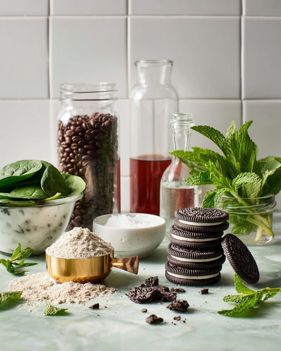 The image shows an arrangement of ingredients on a light green surface with a white marbled texture and white tiled wall background. In the front center, there is a small gold measuring cup filled with light beige powder, with some powder scattered around it. To the right, several black sandwich cookies with white cream filling are stacked and a few are broken with crumbs scattered near them. Behind the cookies, a clear glass container is filled with dark brown coffee beans. Next to it, a small white bowl holds white solid coconut oil. Behind that, a bunch of fresh green mint leaves is placed in a clear glass. Towards the left, there is a clear glass bowl filled with fresh green spinach leaves. A small glass jar with clear liquid is nearby, next to a taller jar with reddish liquid, and a large clear bottle filled with white liquid is placed at the back. Scattered fresh mint leaves are spread on the surface around the items. Photo taken with an iphone --ar 4:5 --v 7