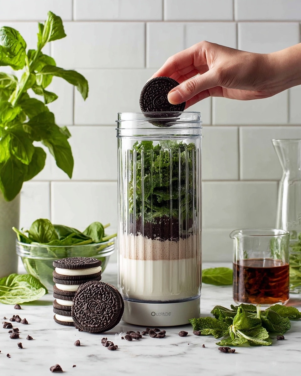 The image shows a tall blender jar filled from bottom to top in four layers: the bottom layer is white creamy liquid, the second layer is a light beige powder, the third layer is dark green leafy herbs packed tightly, and the fourth layer is fresh green mint leaves. A woman's hand is holding a black sandwich cookie with white cream and is about to place it on top of the blender. Next to the blender, on a white marbled surface, there is a stack of five whole sandwich cookies, some loose green spinach leaves, a few sprigs of mint, a small clear glass bowl with fresh green spinach leaves, a small clear glass jug with dark amber liquid, and a clear glass cup filled with dark chocolate chips. In the background, bright green mint leaves are visible against a white tiled wall. Photo taken with an iphone --ar 4:5 --v 7