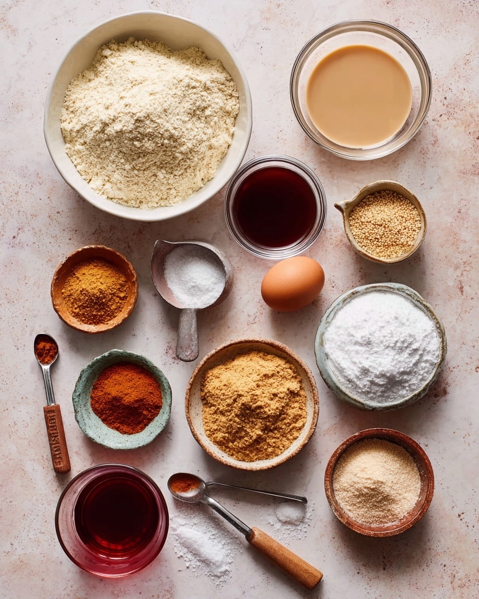 An overhead view of various baking ingredients arranged on a white marbled surface. There are eleven main items: a large white bowl filled with a light beige powdery substance sits at the top left; next to it, a shallow clear bowl with smooth tan-colored liquid; a small clear bowl with dark red syrup above a small metal measuring cup holding a beige grainy powder with a wooden handle on the upper right; a small clay bowl containing a single brown egg is near the center; below it to the right is a white bowl filled with white powdered sugar. Small brown and clear bowls hold different shades of brown and orange powders in the center area. Two small metal measuring spoons with wooden handles rest on the bottom left holding fine powders. A clear glass cup filled with deep red liquid sits at the bottom right. A small clay bowl with coarse white salt is near the left. The scene has soft natural light, and everything is neatly spaced. photo taken with an iphone --ar 4:5 --v 7
