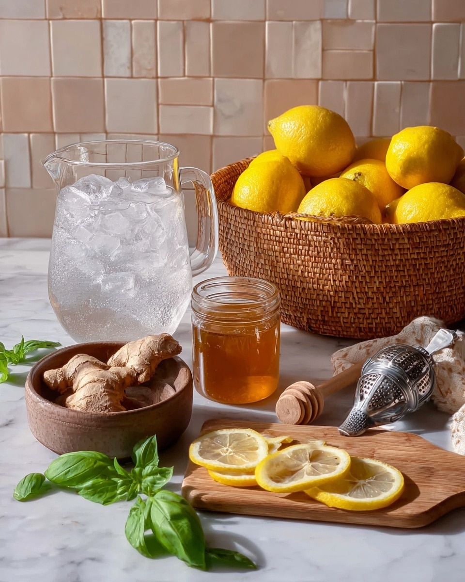 The image shows a clear glass pitcher filled with ice water on the left side, next to a woven basket full of bright yellow lemons in the center. In the front, there is a small round brown bowl holding fresh ginger root. To the right, there is a jar of honey with a wooden honey dipper resting inside it and a shiny silver lemon squeezer in front of the jar. Fresh green basil leaves are scattered around the surface and on a wooden cutting board where three lemon slices lie. The entire setting is on a white marbled surface with a light-colored tiled wall in the background. photo taken with an iphone --ar 4:5 --v 7