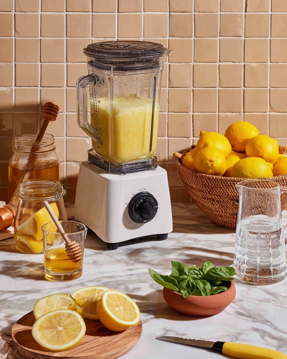 The image shows a blender filled halfway with a yellow mixture, placed on a white base with a black dial in front. Around the blender are several objects arranged on a white marbled surface: a glass jar with honey and a wooden honey dipper inside, a sliced lemon with three thin rounds placed on a wooden board, a clear glass with a round lemon slice inside, a woven basket filled with whole lemons, and a small terracotta bowl containing fresh green basil leaves. On the right side, there is a clear glass pitcher partly filled with water. A knife with a yellow handle lies flat on the surface near the basil. The background is a beige square tile wall. Photo taken with an iphone --ar 4:5 --v 7