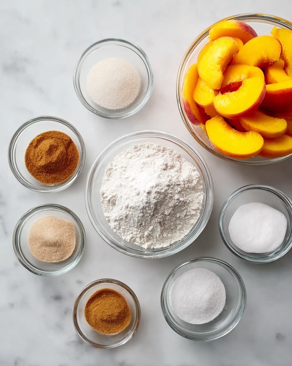 The image shows nine small clear glass bowls placed on a white marbled surface. The largest bowl is filled with sliced yellow and orange peaches with a soft texture, positioned in the upper right corner. A medium-sized bowl near the center holds white flour with a small mound on top. Around this bowl are smaller bowls containing light brown sugar, white granulated sugar, white salt, ground cinnamon, and other fine white powders and spices in soft beige and brown colors. All bowls are neat and arranged in a slightly curved layout, showing smooth textures and vibrant natural colors. Photo taken with an iphone --ar 4:5 --v 7